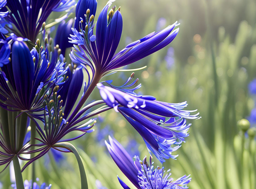 Vibrant blue flowers with thin petals against blurred green background.