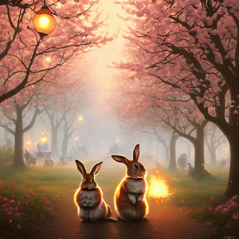 Rabbits under blooming cherry trees with glowing lanterns at dusk