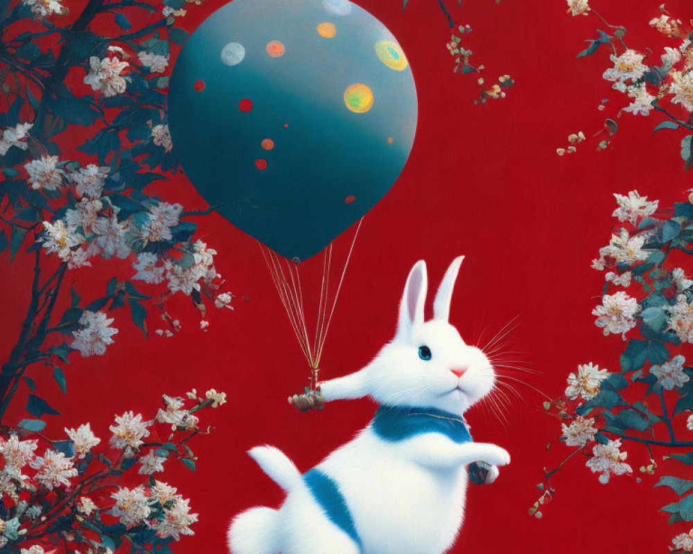 Whimsical white rabbit with planet balloon on red background