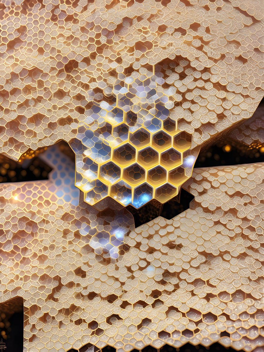 Detailed fractal pattern with golden honeycomb design and glowing hexagonal center.