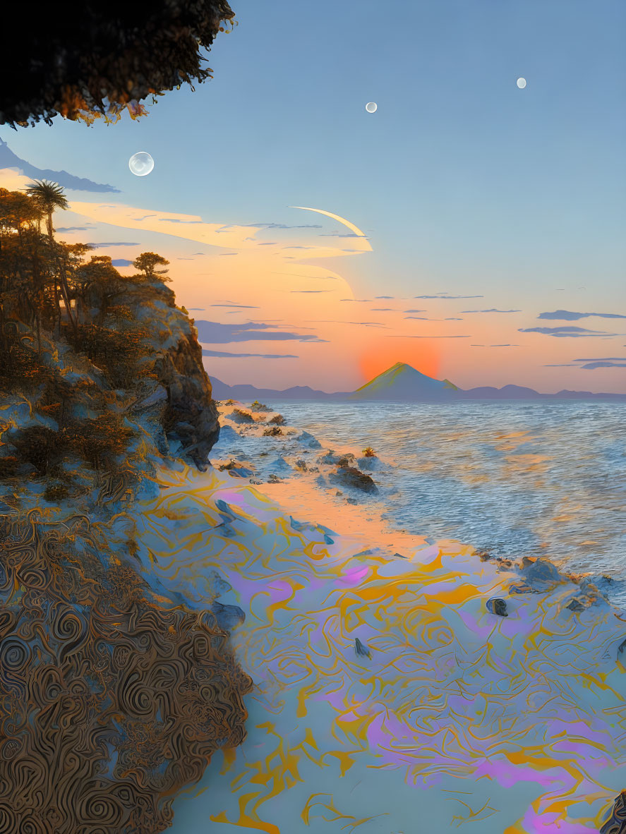 Surreal seaside digital art: two moons, stylized ocean waves, rocky cliff, trees,