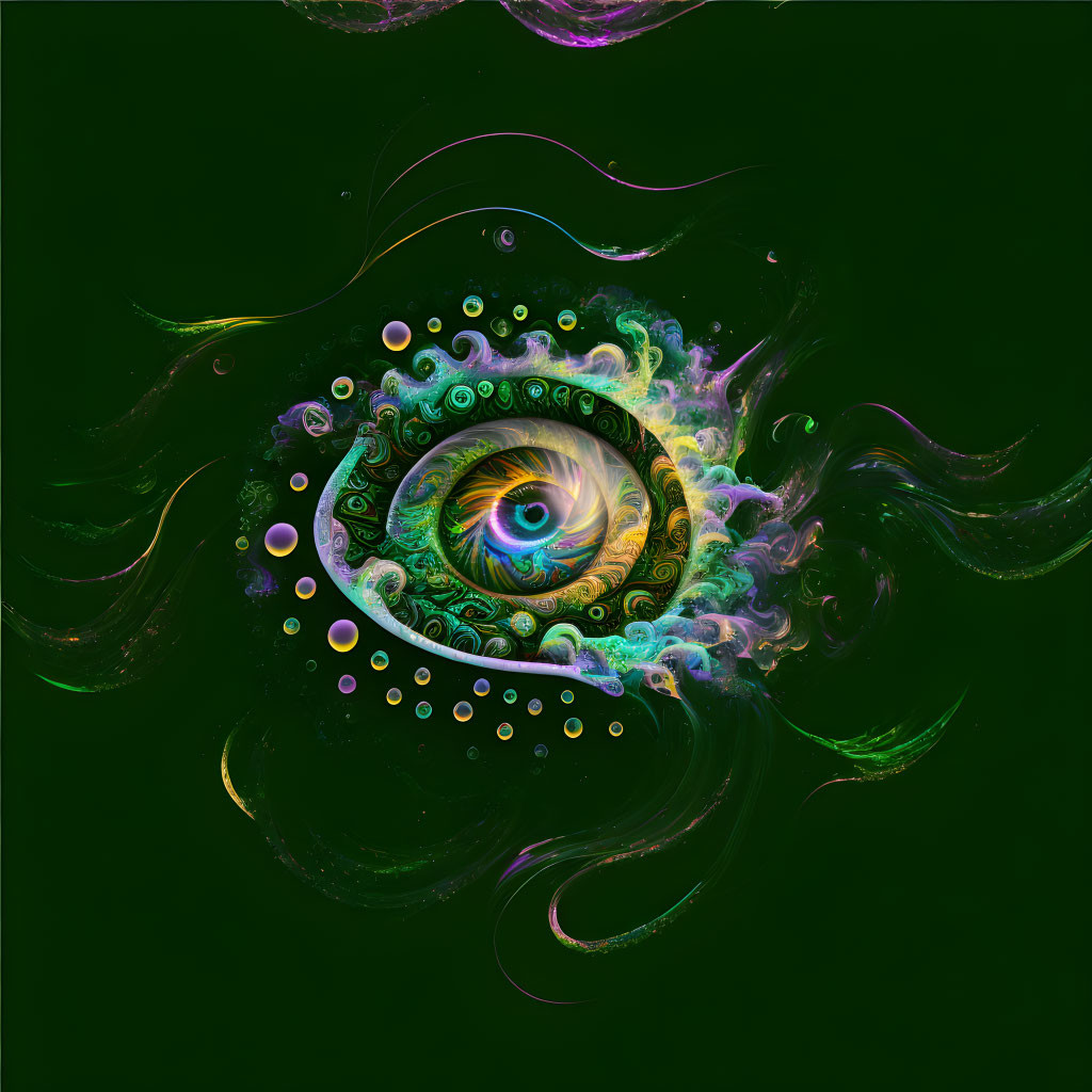 Intricate eye surrounded by swirling green, gold, and purple patterns