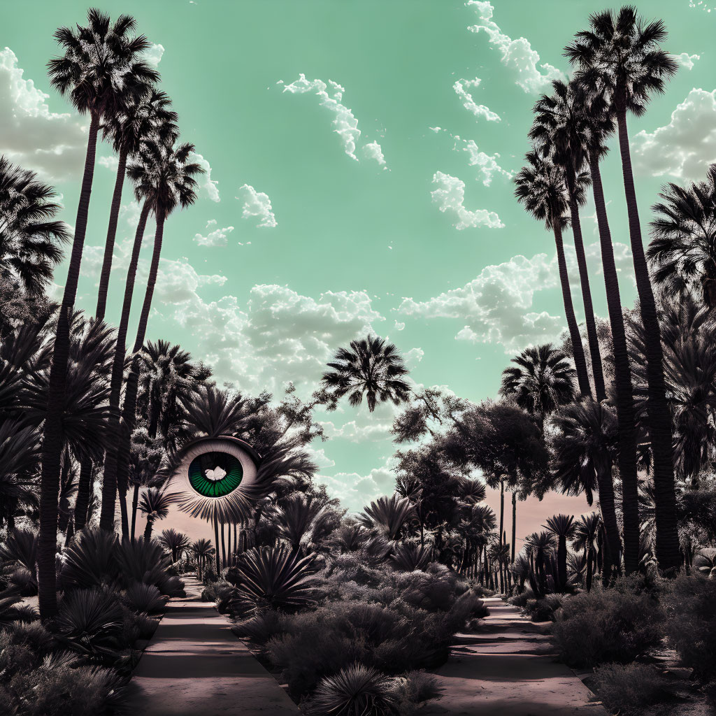 Surreal eye in sky among palm trees and foliage in monochrome teal tone