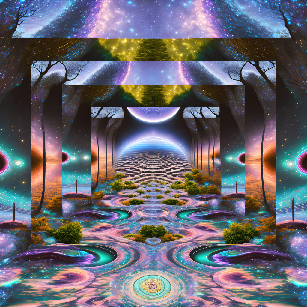 Colorful digital artwork: Infinite cosmic portal with galaxies, neon colors, and celestial bodies