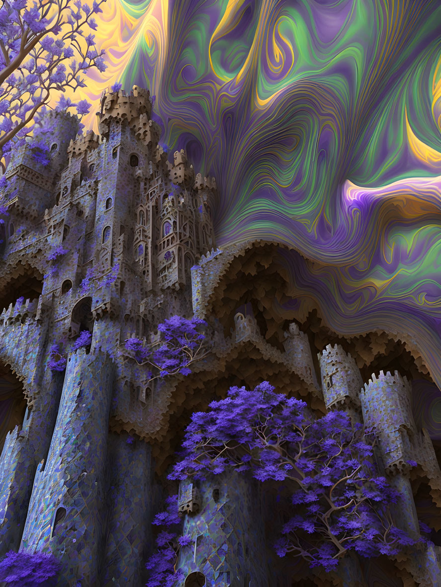 Fantastical fractal art: Purple and blue castle, swirling sky, vibrant trees