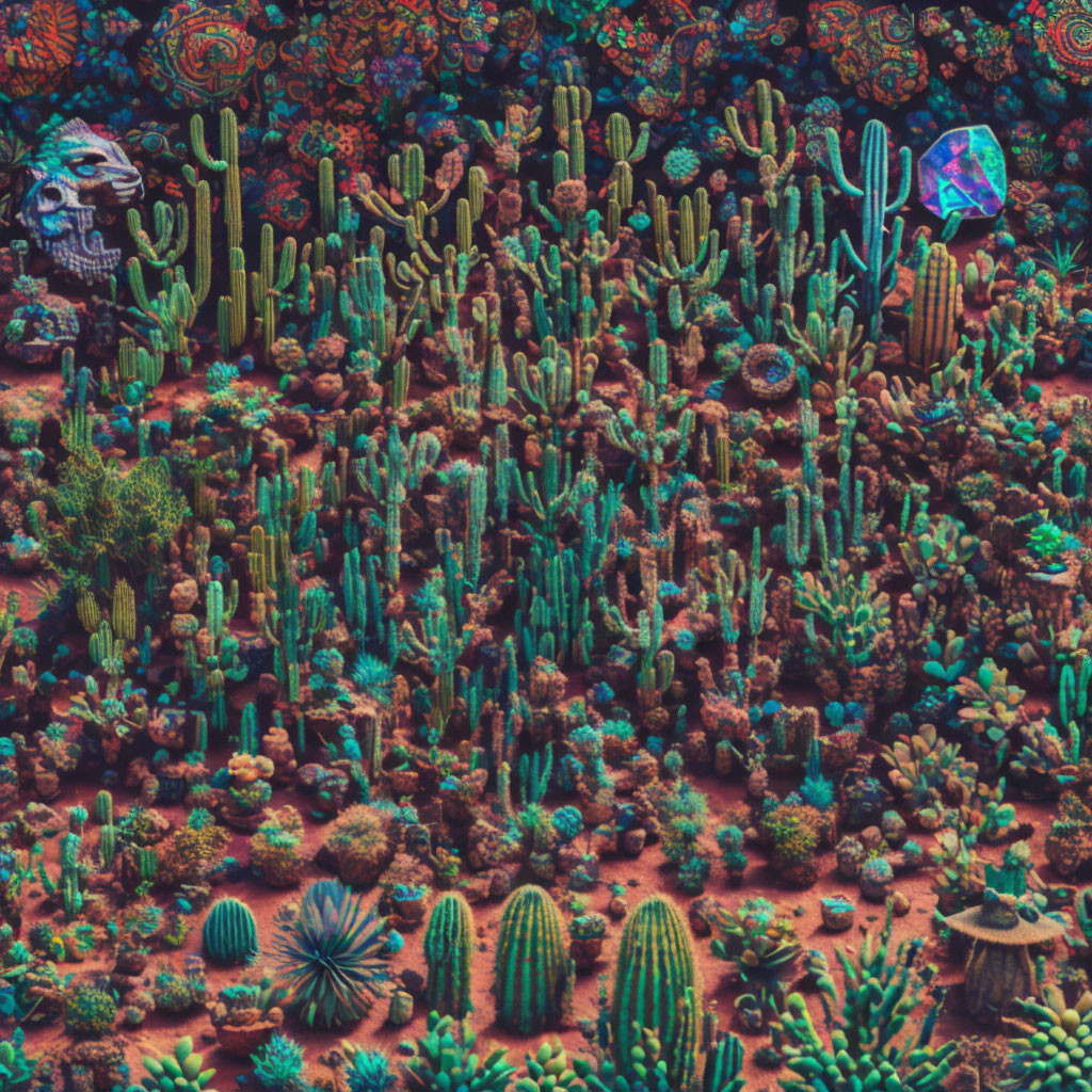 Colorful Psychedelic Desert Scene with Cacti and Crystal Sky