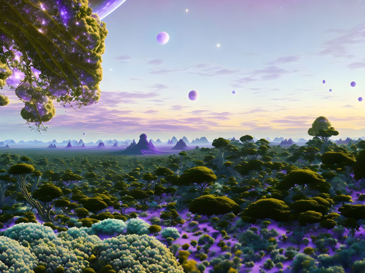 Alien landscape at dusk: lush greenery, floating islands, moons, bubble-like orbs