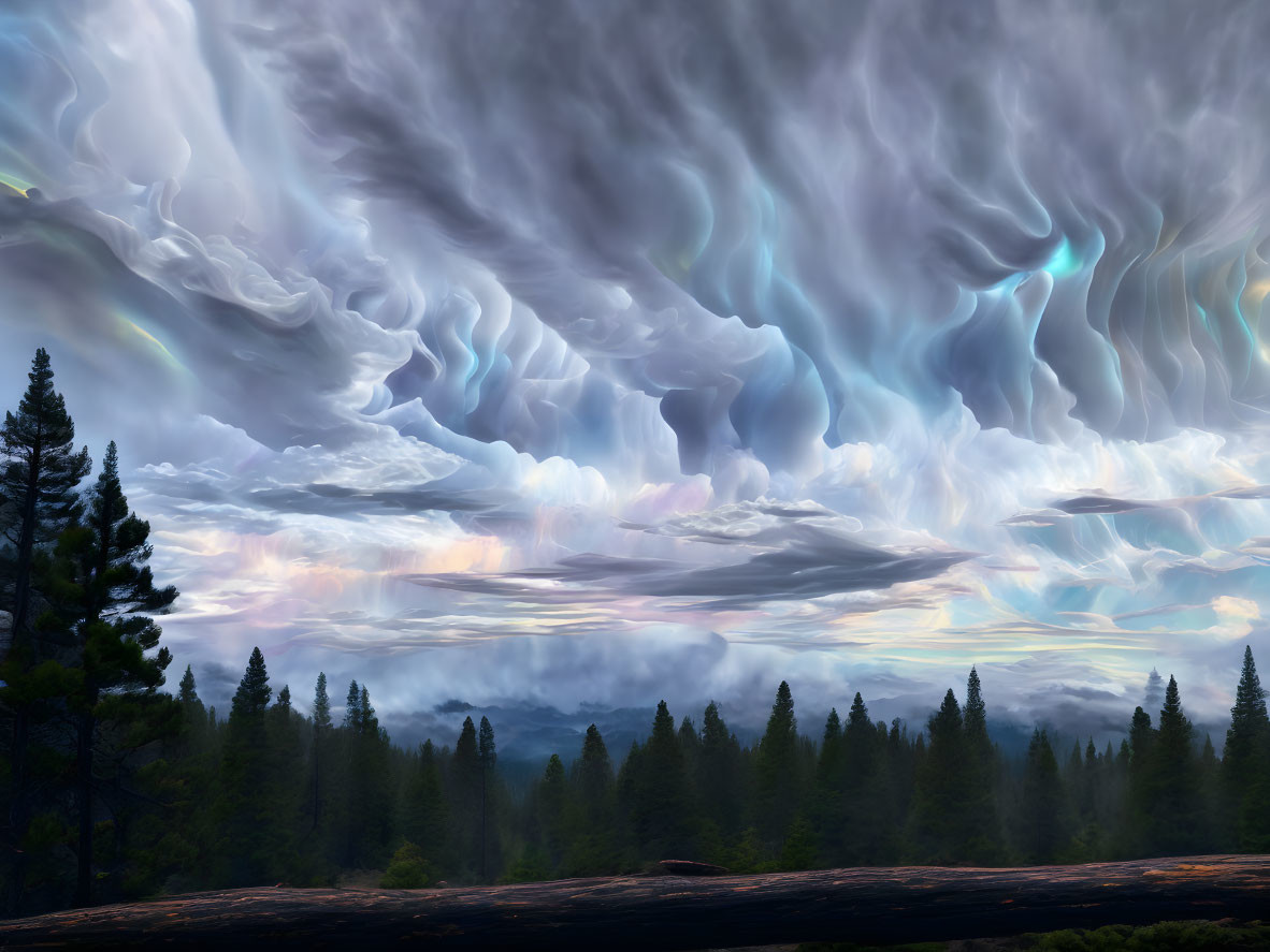 Surreal landscape with luminescent clouds and dark forest mist