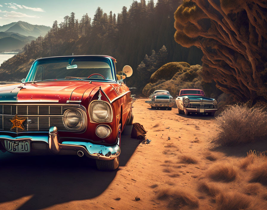 Vintage red car parked on dusty road with desert and forest backdrop