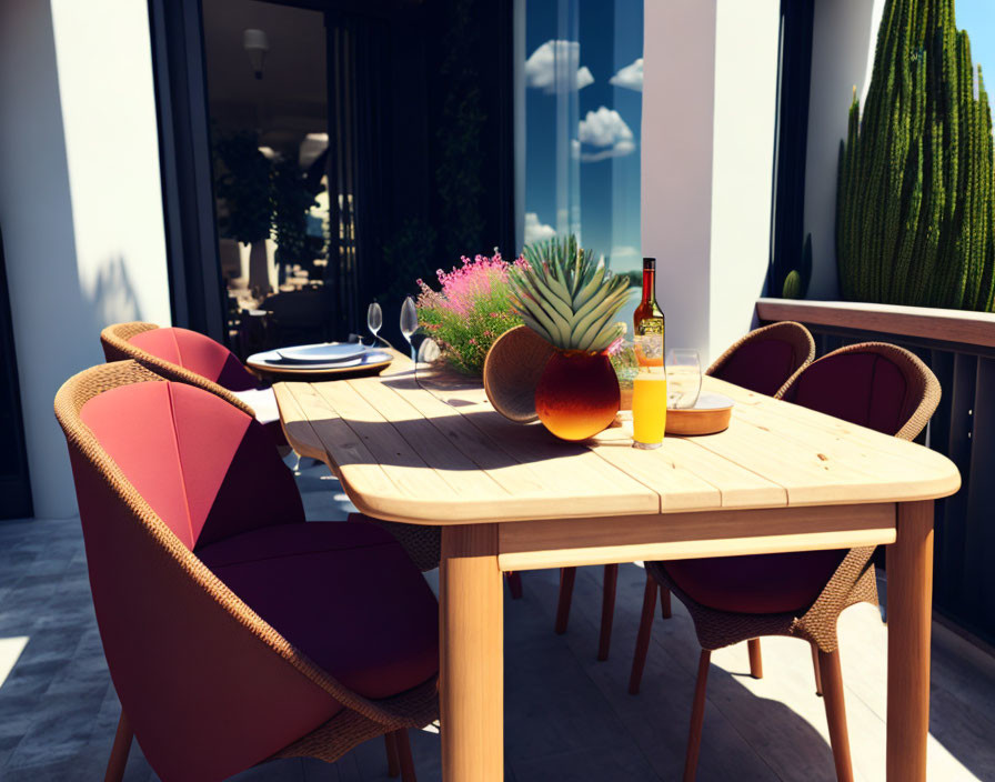 Sunny balcony with wooden table, red chairs, flowers, and drink bottle