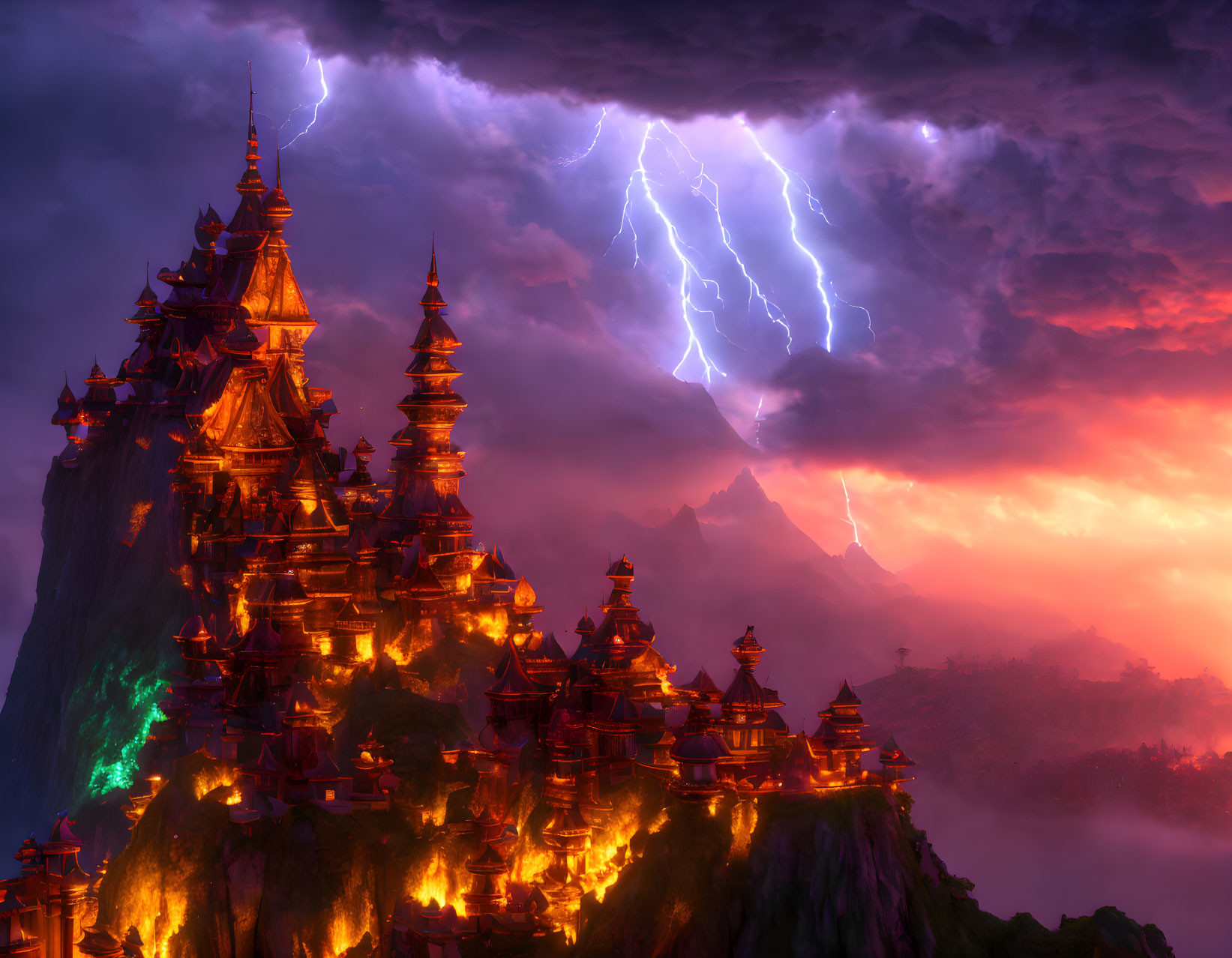 Ethereal mountain landscape with traditional pagodas under stormy sky