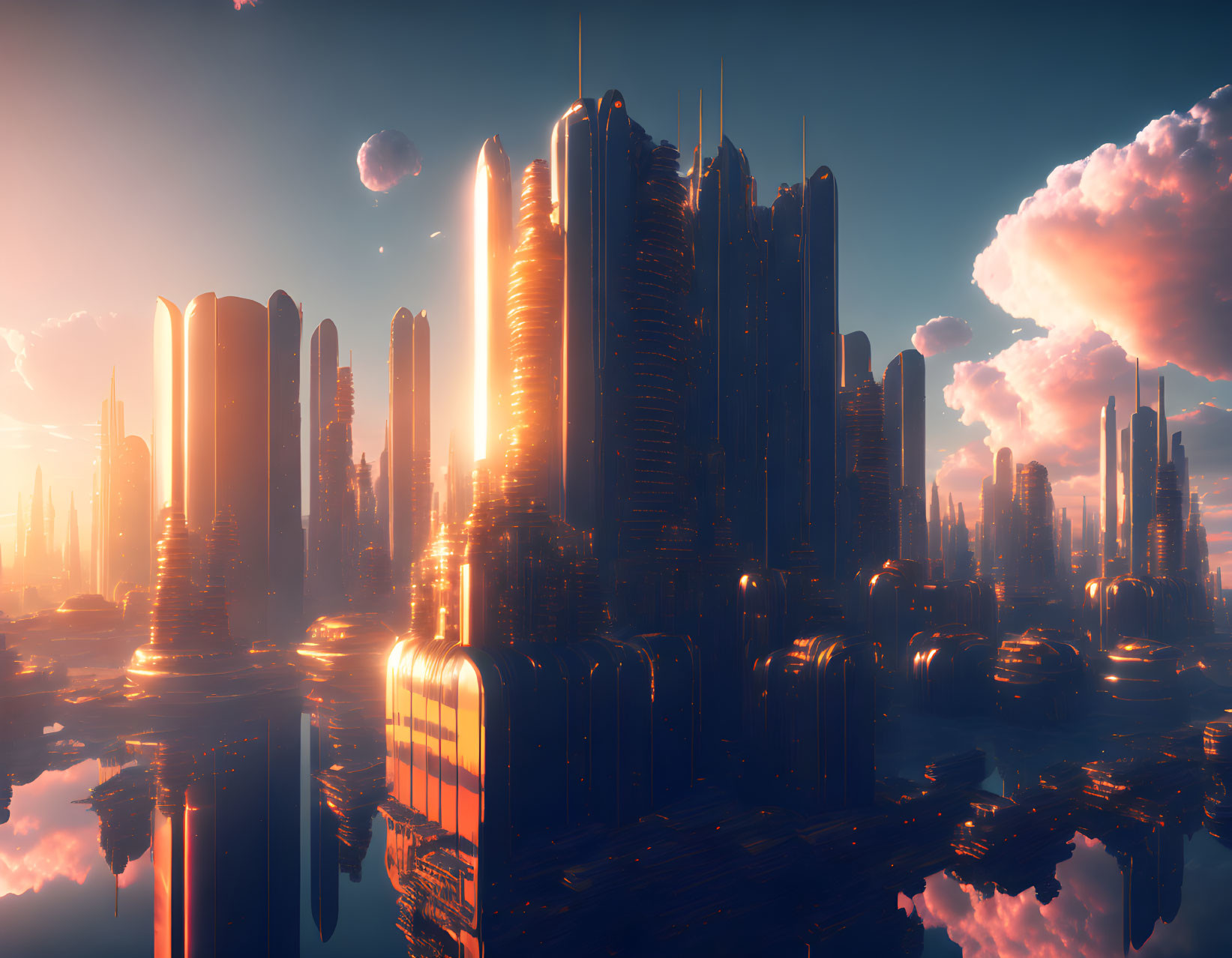 Futuristic cityscape: sunset, skyscrapers, water reflections, floating rocks, clouds