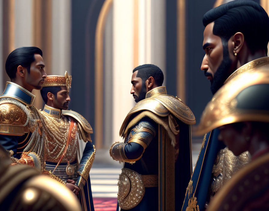 Regal men in ornate military uniforms conversing in a grand hall