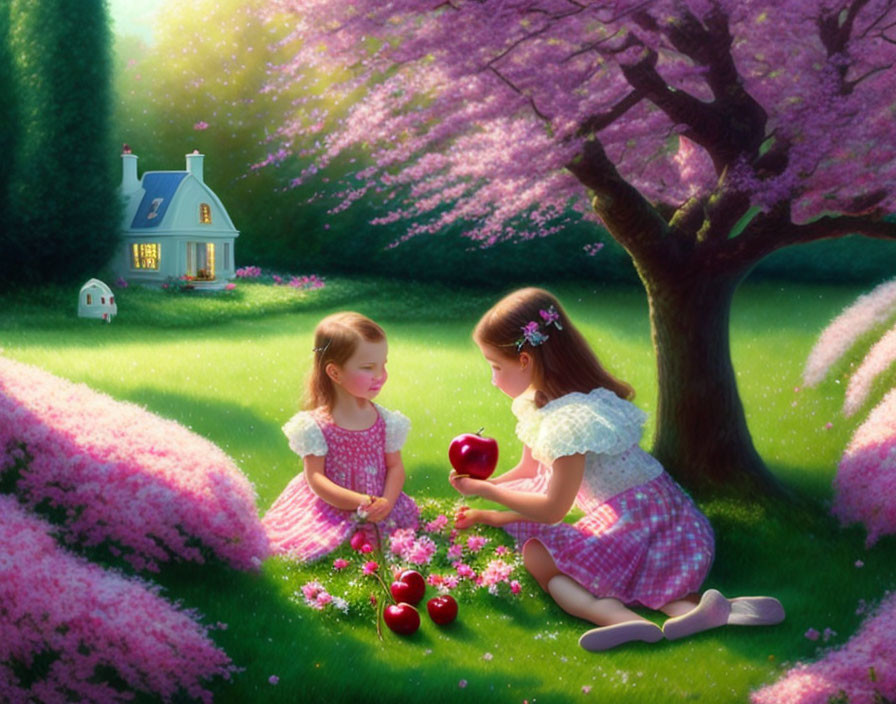 Young girls in pink dresses sharing apples on flower-filled meadow.