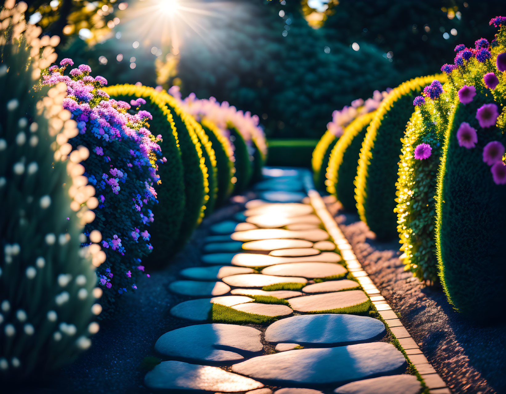 Tranquil garden pathway with spherical hedges and purple flowers