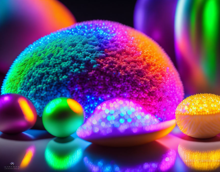 Colorful Glitter Spheres and Ovals on Reflective Surface