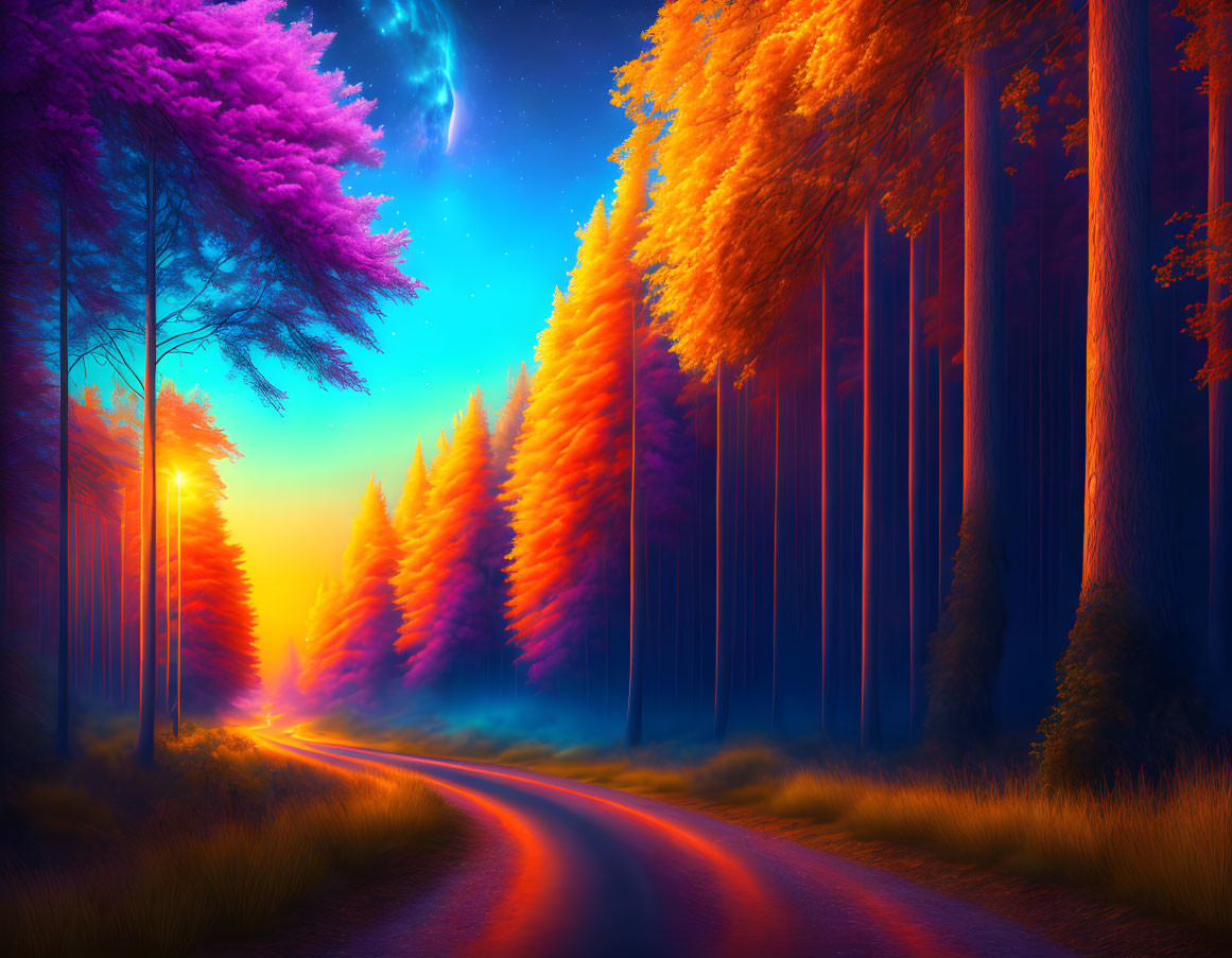 Digital Art: Mystical Forest with Winding Road & Colorful Trees