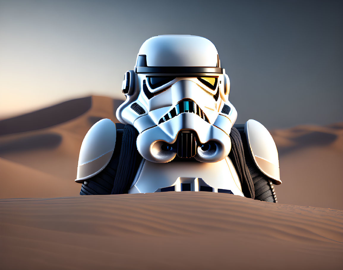 Stormtrooper helmet in desert landscape under clear sky