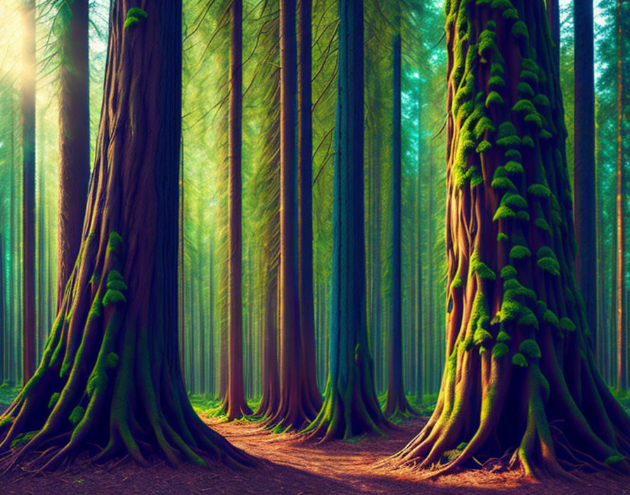 Towering moss-covered trees in mystical forest landscape