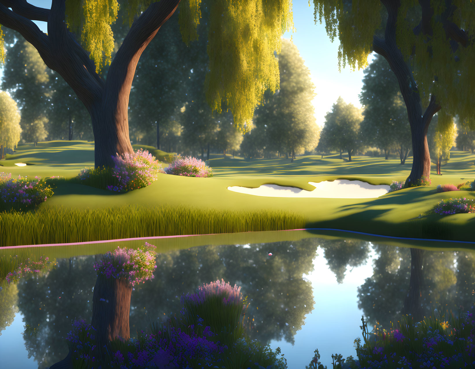 Tranquil landscape with lush trees, vibrant flowers, green grass, sandy patch, and reflective pond