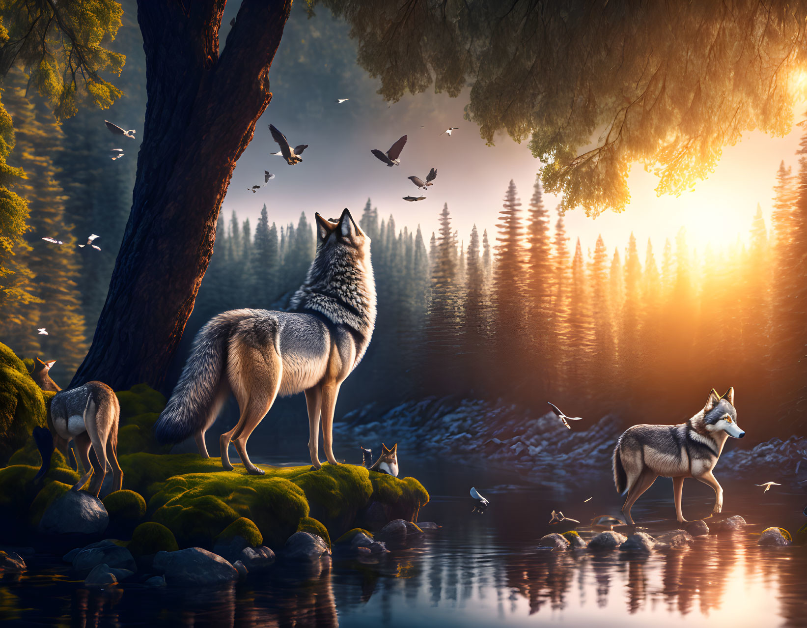 Tranquil forest with wolves, river, birds, and sunrise