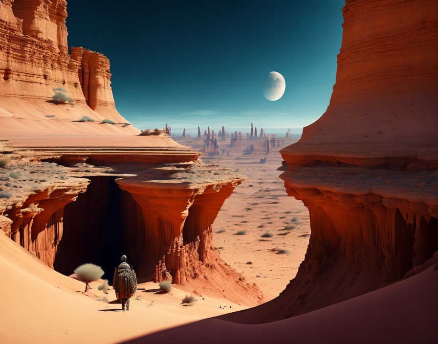 Person standing in desert canyon under large moon