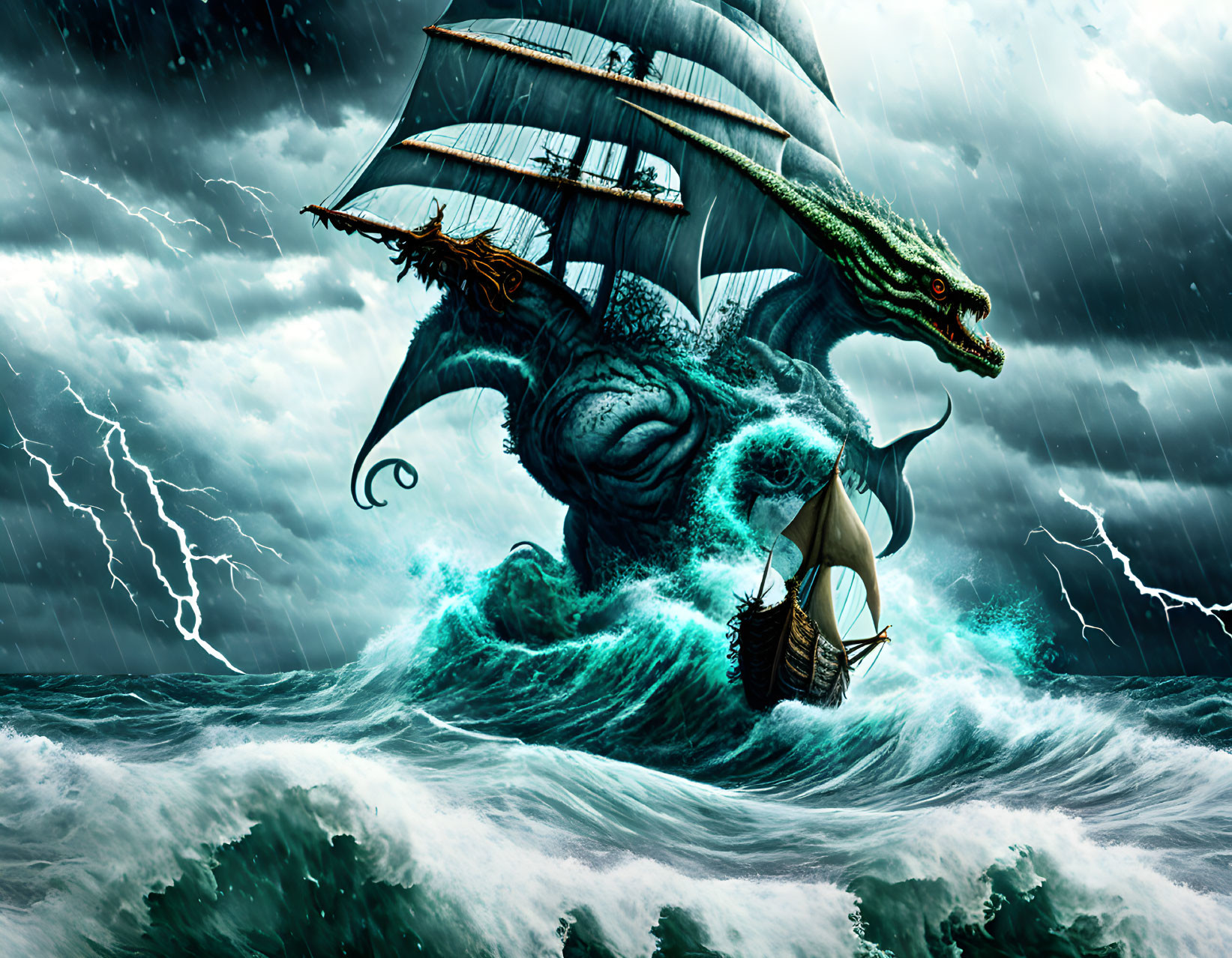 Gigantic green sea dragon attacks ship in stormy ocean