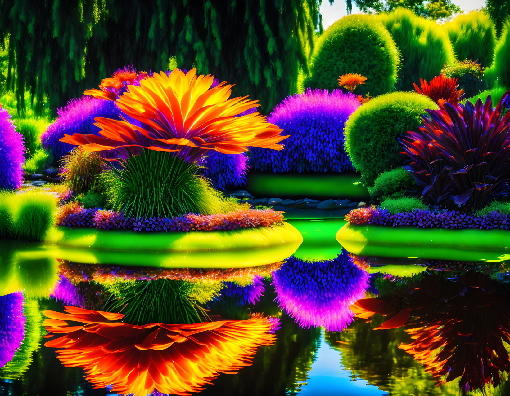 Colorful digital garden with vibrant flora and tranquil pond under bright sky