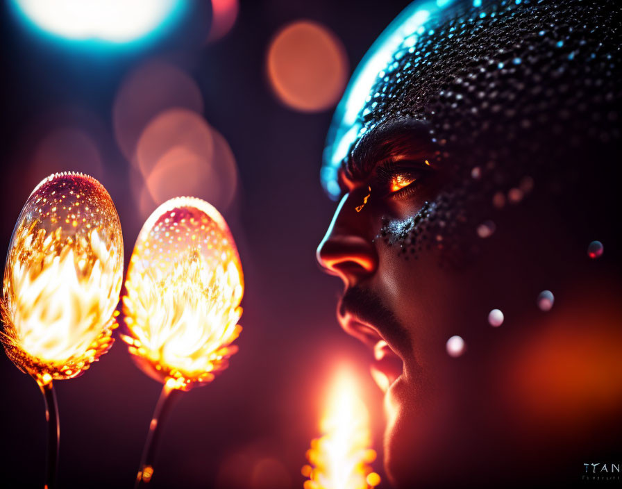 Glittery makeup person admiring illuminated orbs on dark bokeh background