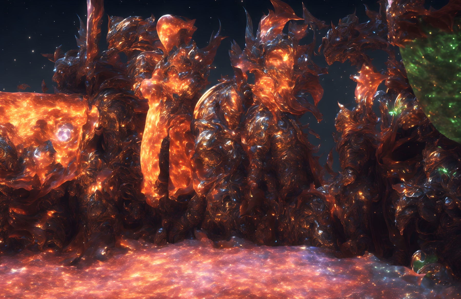 Fiery lava creatures in dark fantasy setting with green celestial body