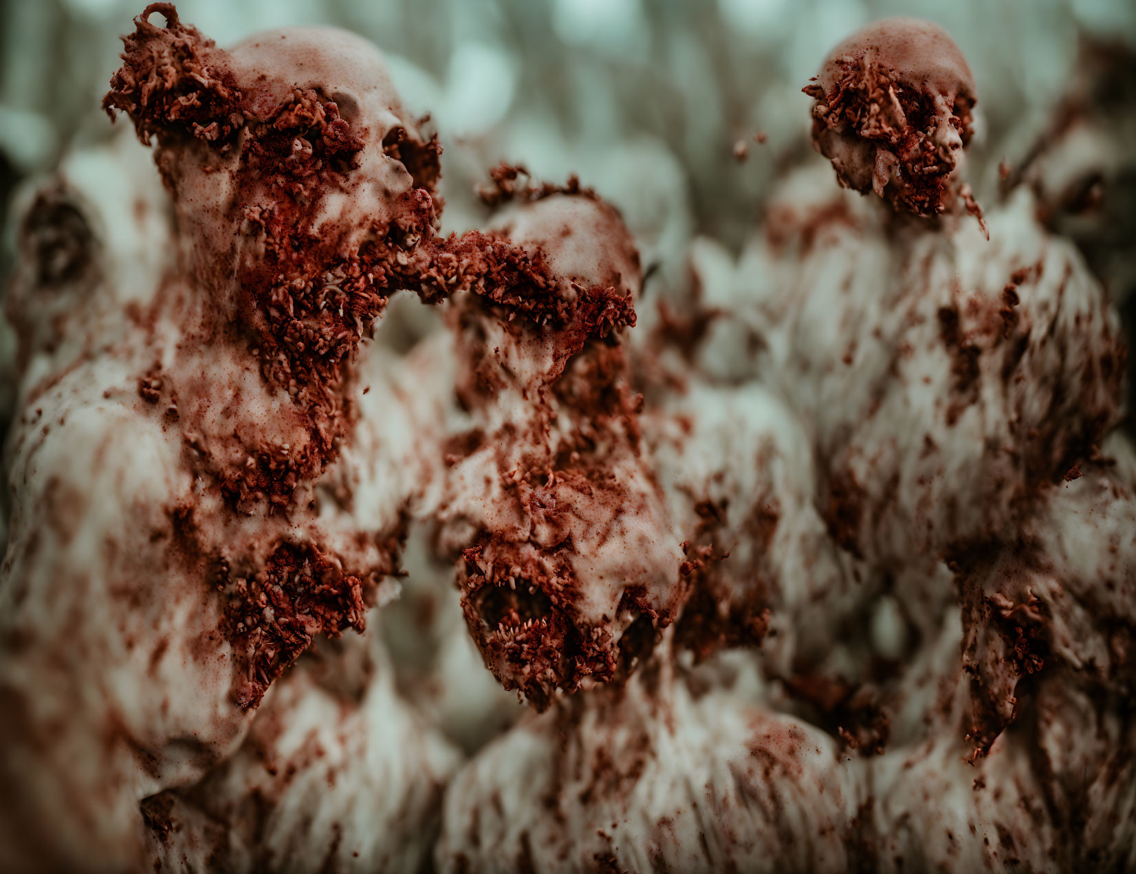 Distorted textured figures in decay against blurred background