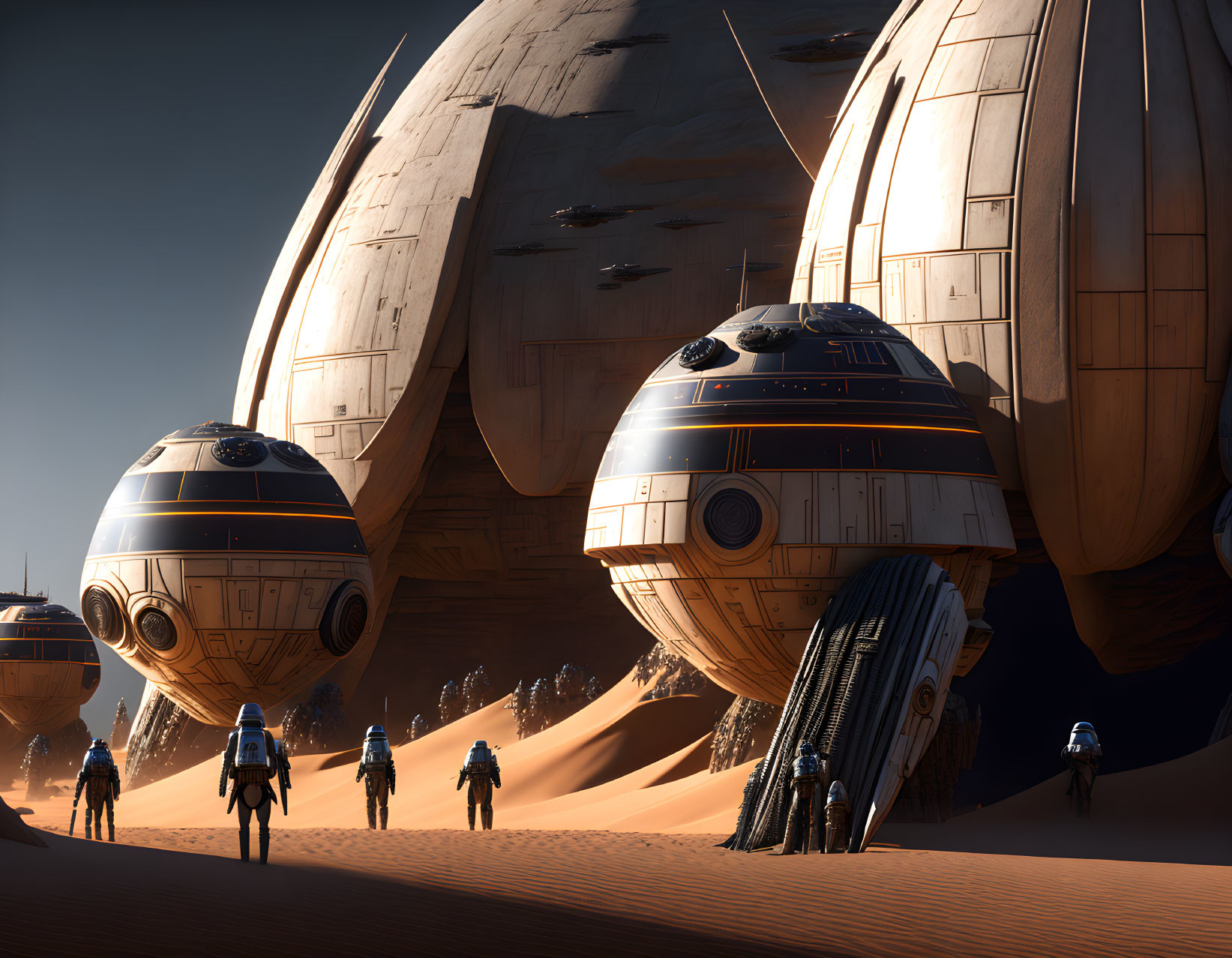 Troopers approaching spherical structures in desert with droids under vast sky