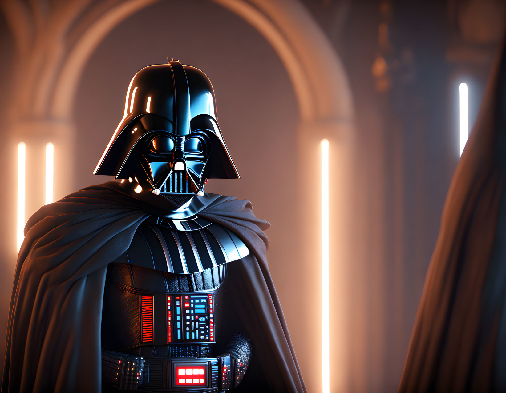 Detailed Close-Up of Darth Vader in Black Helmet and Suit with Illuminated Control Panels