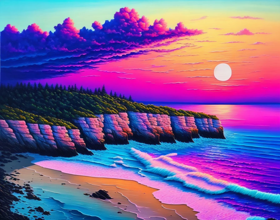 Colorful sunset over coastal cliff with forest and waves