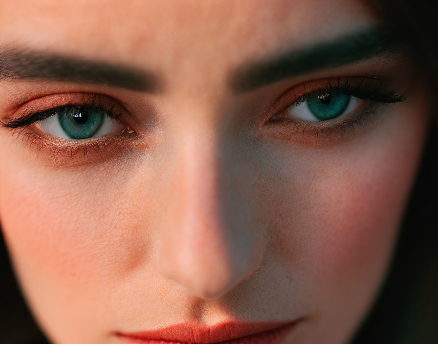 Intense blue eyes and pronounced eyebrows in close-up shot