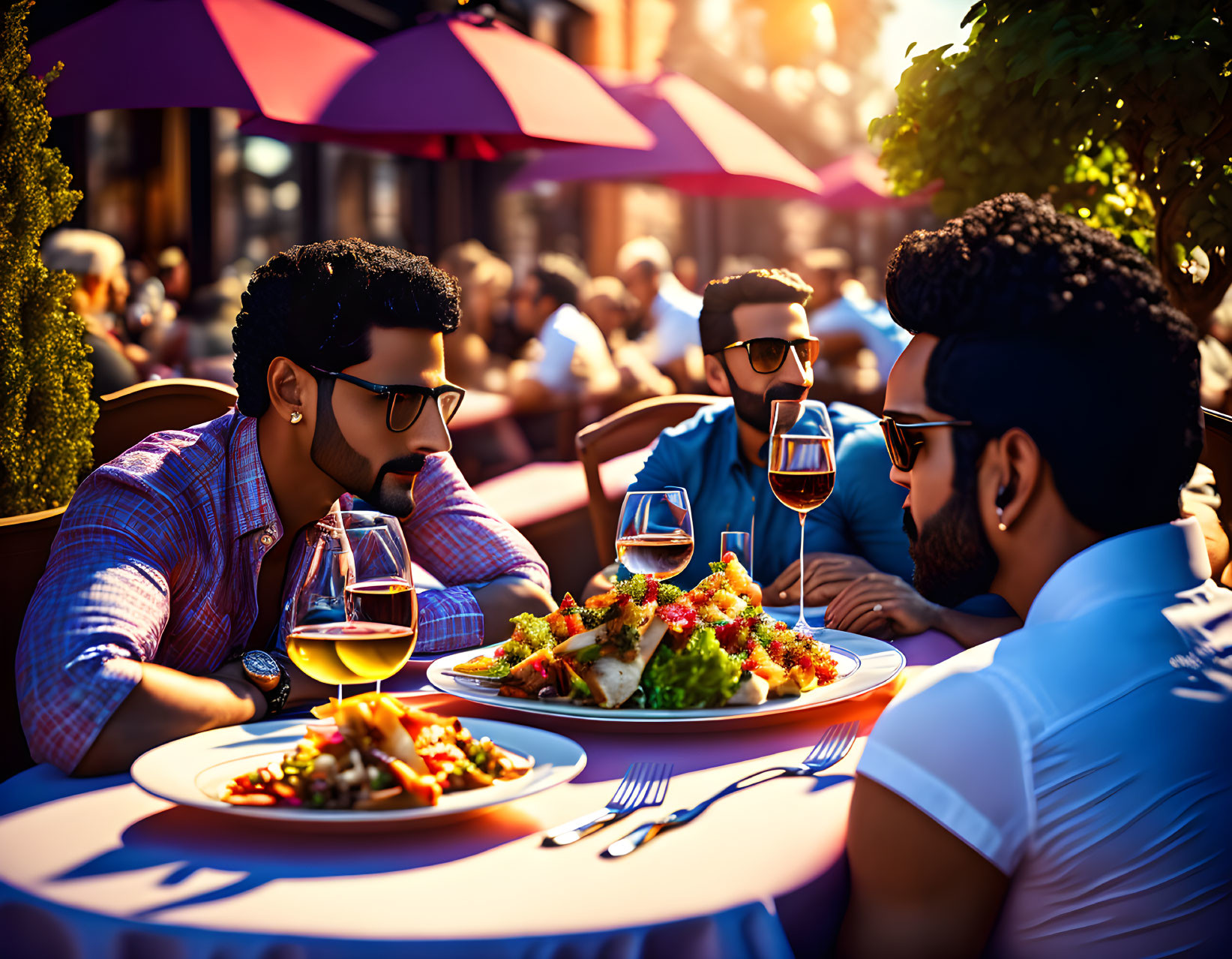 Three men dining outdoors with wine under golden-hour lighting.