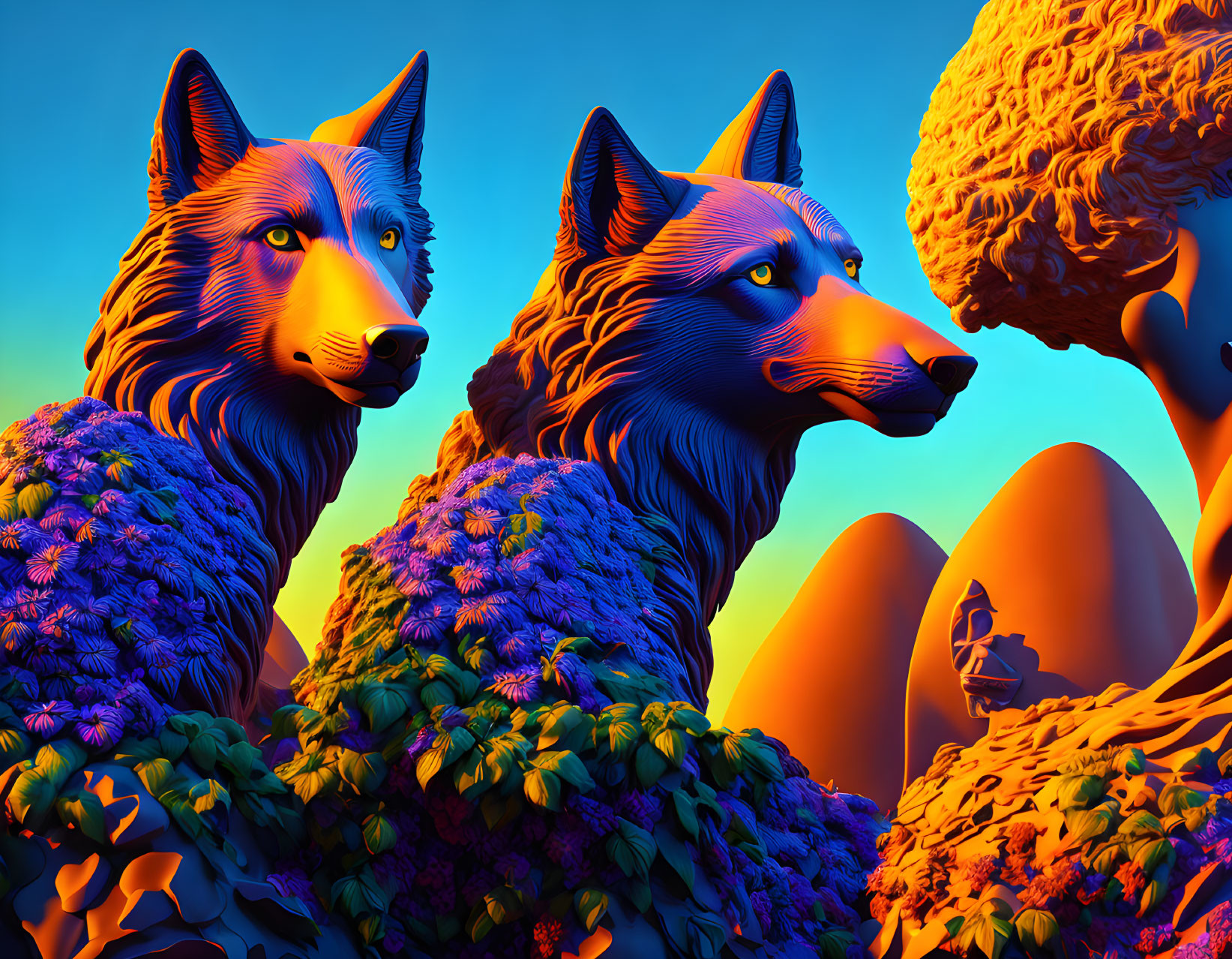 Stylized 3D-rendered wolves with blue fur and orange tree in surreal landscape