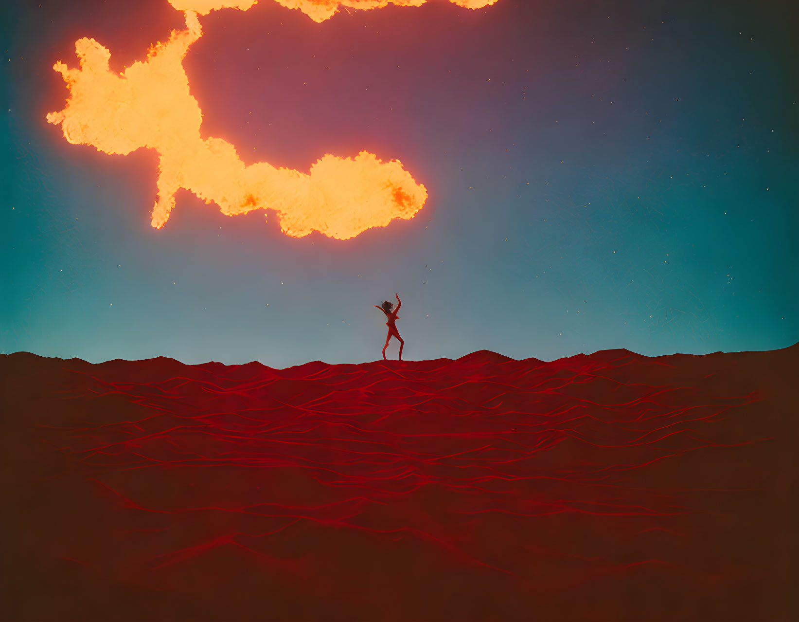 Person silhouette on cracked ground under fiery sky with flame-like cloud