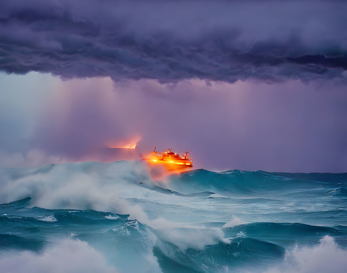 Stormy sky ship battles tumultuous waves in purple hues.