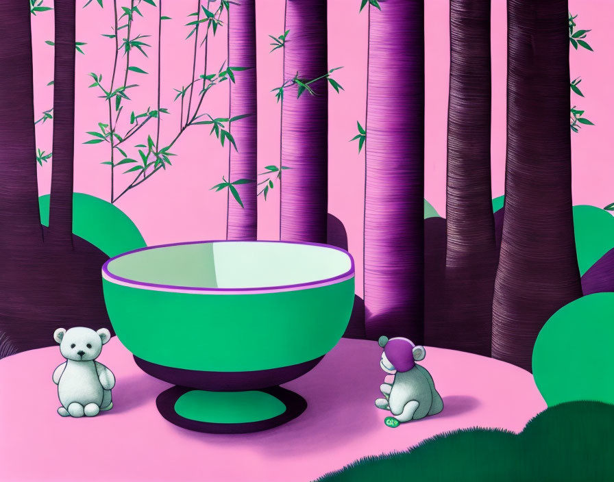 Stylized forest scene with green bowl, purple trunks, bamboo, and plush bears