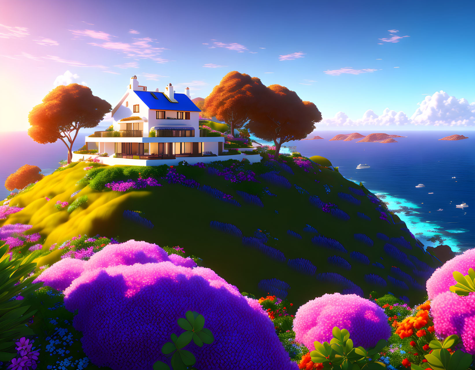 Seaside house with blue roof on lush hillside overlooking calm ocean at sunset.