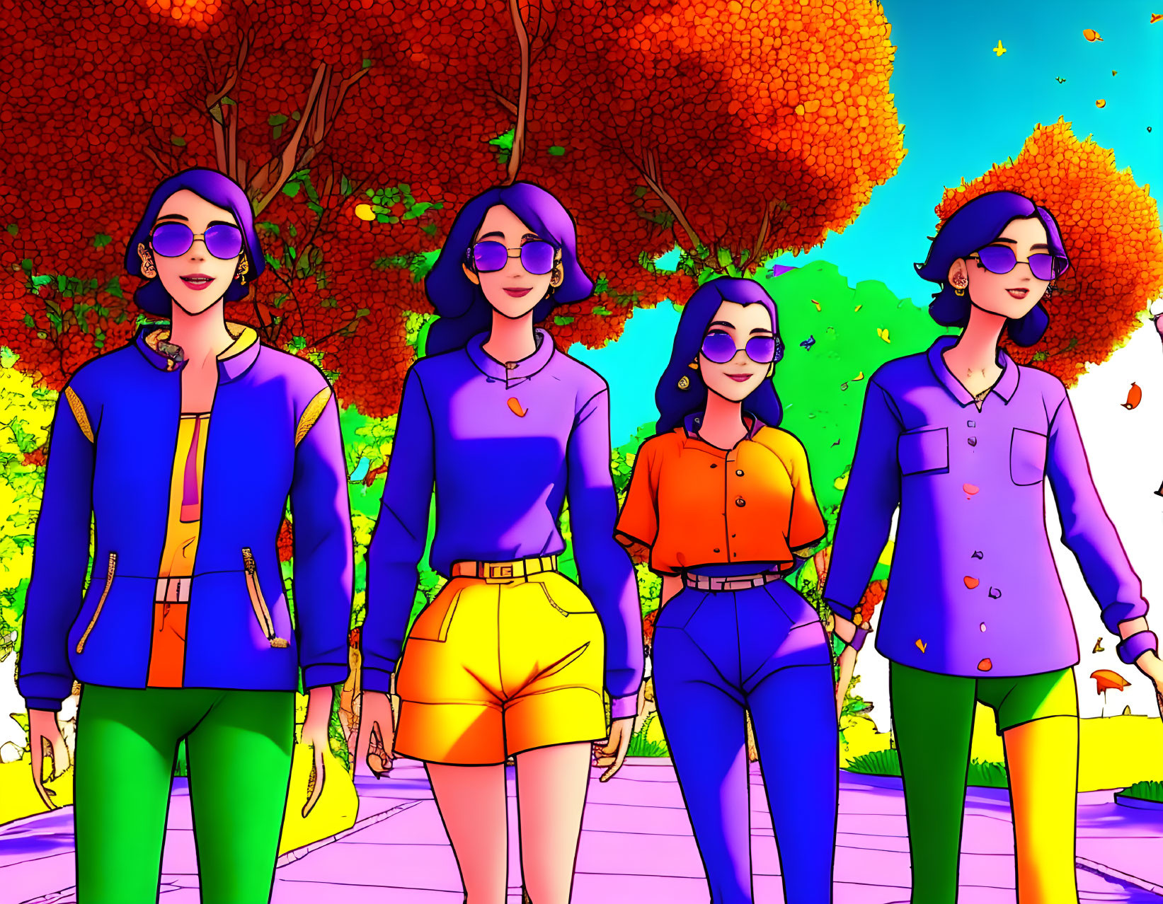 Stylized individuals in sunglasses walking by autumn trees