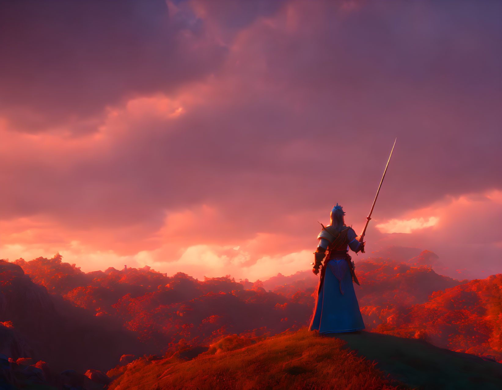 Samurai with sword on hill under fiery sunset