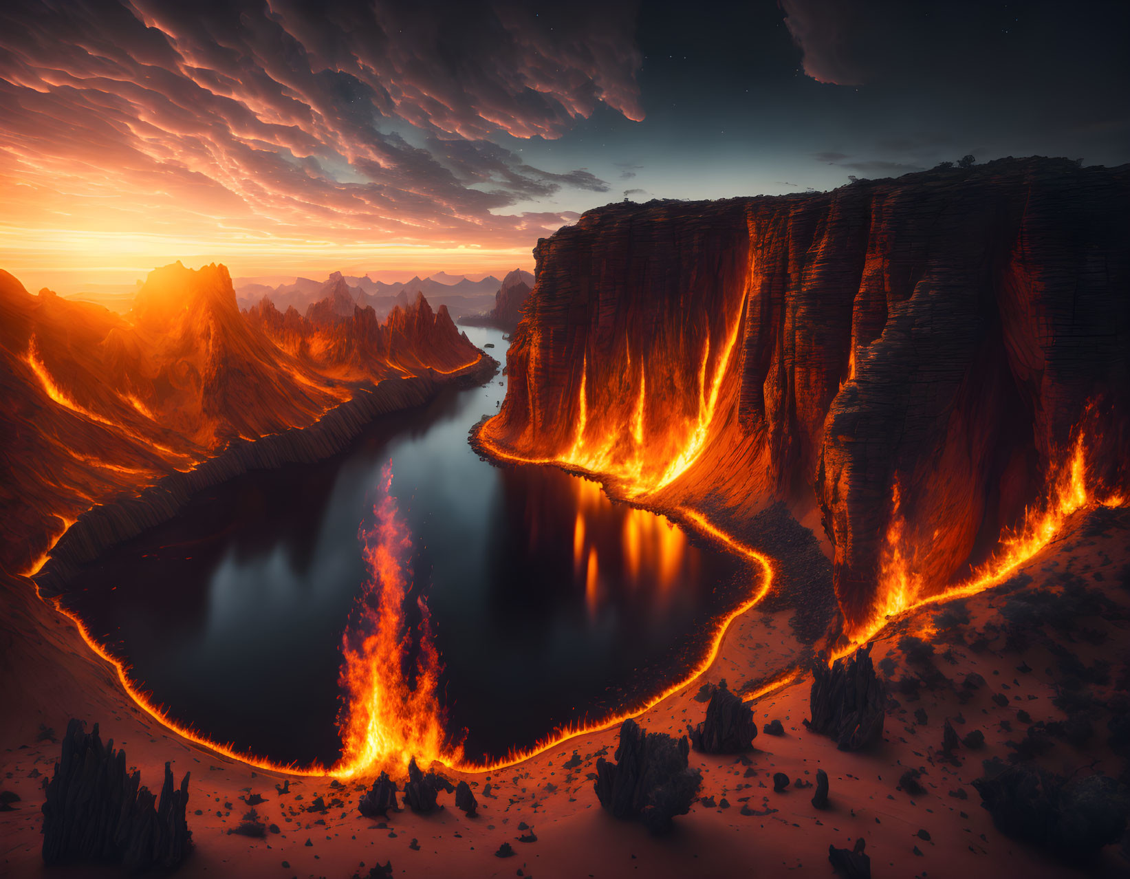 Volcanic landscape at sunset with lava river and dark lake.