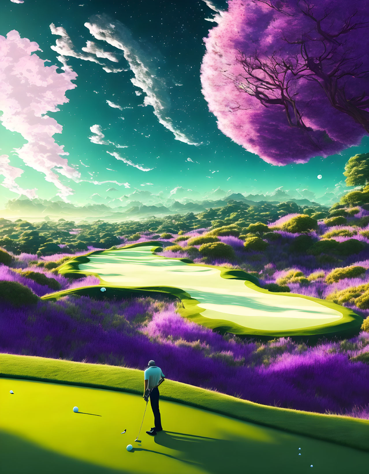 Golfer on surreal course with purple foliage and pink sky