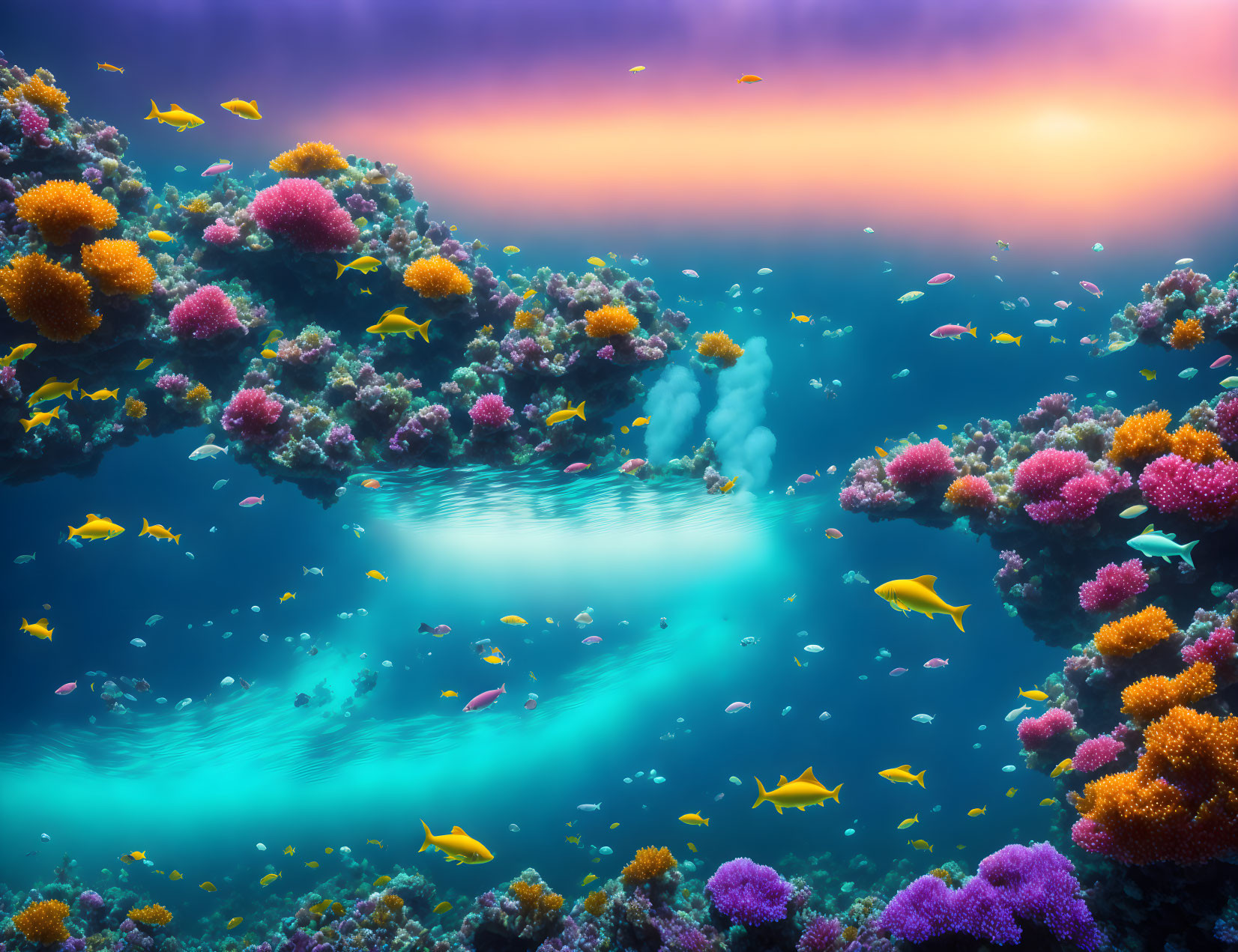 Colorful Coral Reefs and Tropical Fish in Serene Underwater Sunset Scene