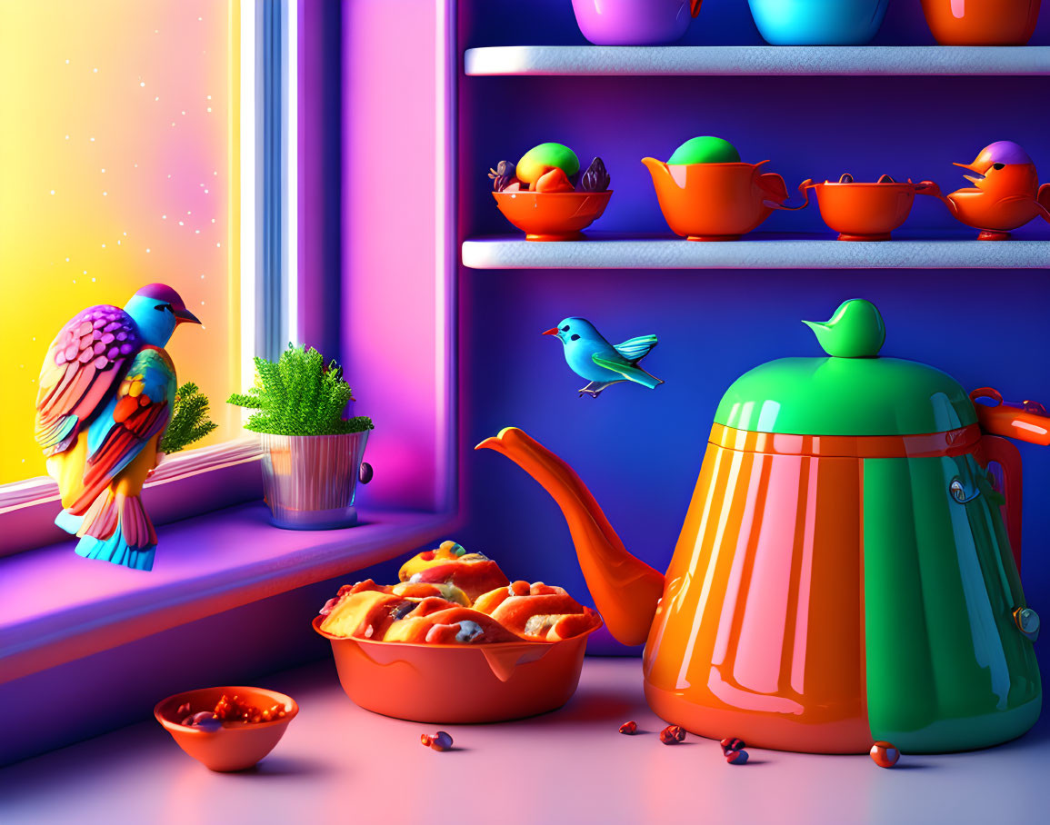 Colorful Kitchen Shelf Illustration with Birds, Teapot, Cups, and Fruits