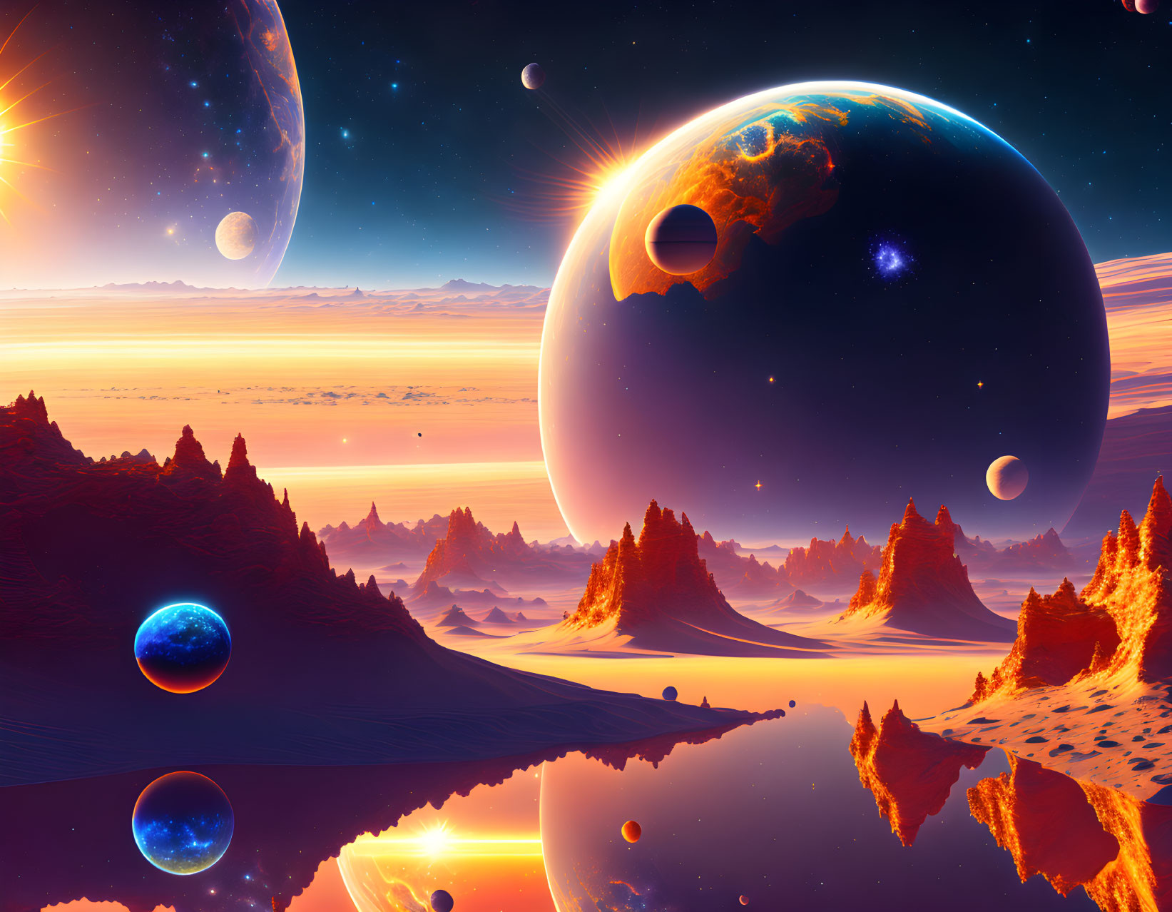 Sci-Fi Landscape with Multiple Planets and Tranquil Lake