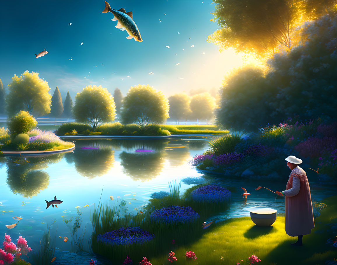 Fantasy landscape with person by pond and levitating fish in vibrant flora