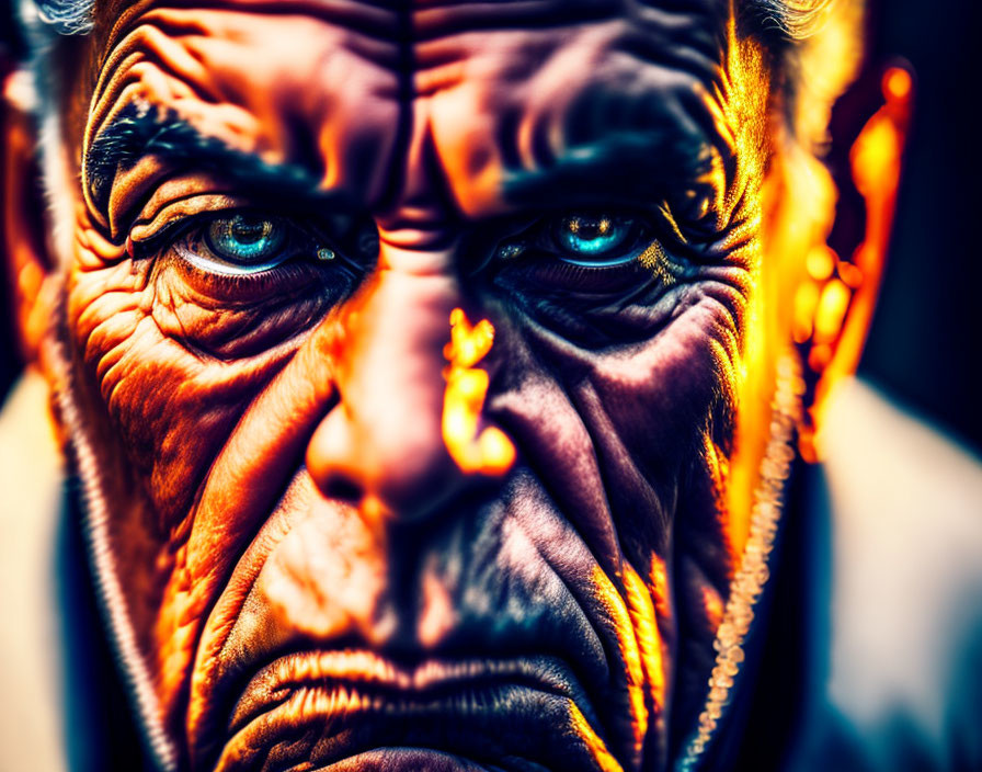 Detailed Close-Up of Man with Deep Wrinkles and Piercing Gaze